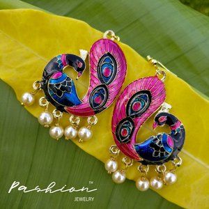 Peacock Pink/ Blue Deco Enamel Statement Earrings